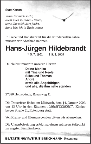 Traueranzeige von Hans-Jürgen Hildebrandt von KREISZEITUNG SYKE