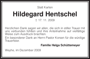 Traueranzeige von Hildegard Hentschel von KREISZEITUNG SYKE