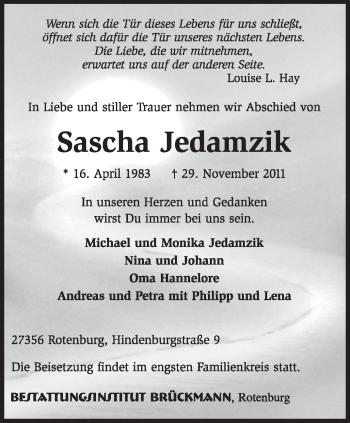 Traueranzeige von Sascha Jedamzik von KREISZEITUNG SYKE