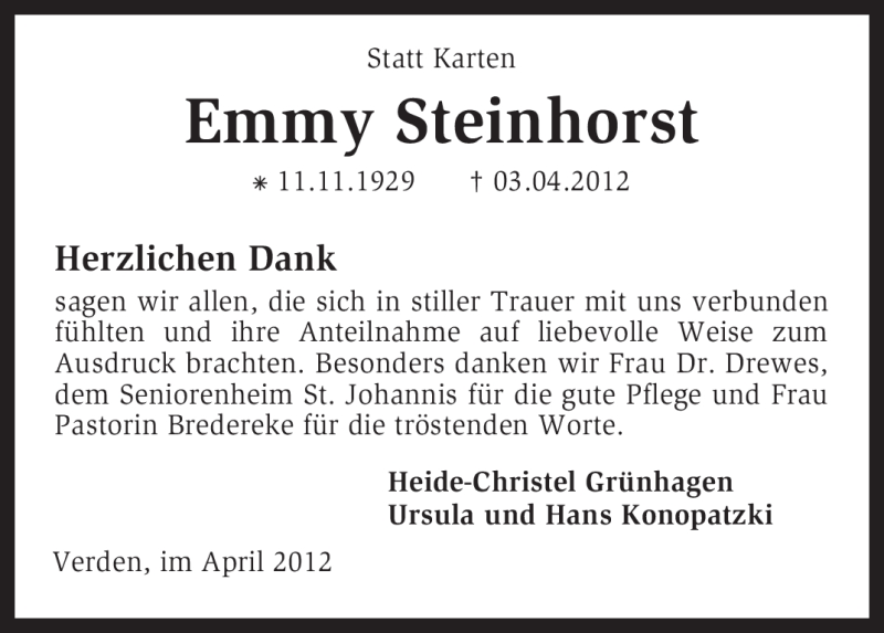  Traueranzeige für Emmy Steinhorst vom 19.04.2012 aus KREISZEITUNG SYKE