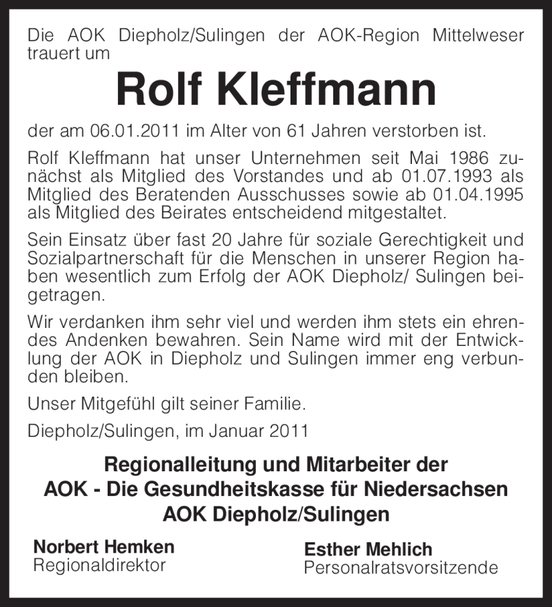  Traueranzeige für Rolf Kleffmann vom 11.01.2011 aus KREISZEITUNG SYKE