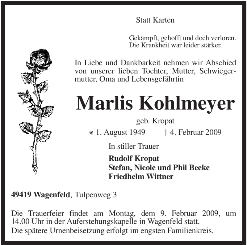  Traueranzeige für Marlis Kohlmeyer vom 06.02.2009 aus KREISZEITUNG SYKE