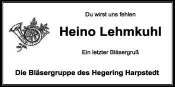 Traueranzeige von Heino Lehmkuhl von KREISZEITUNG SYKE