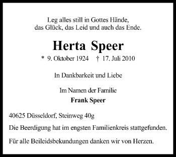 Traueranzeige von Herta Speer von KREISZEITUNG SYKE