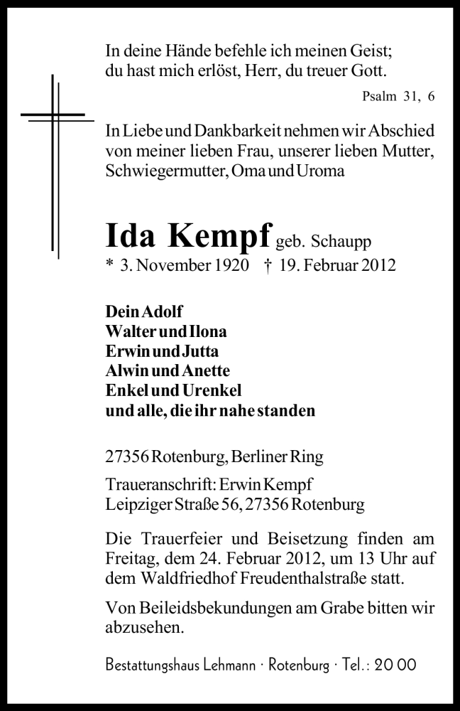  Traueranzeige für Ida Kempf vom 22.02.2012 aus KREISZEITUNG SYKE