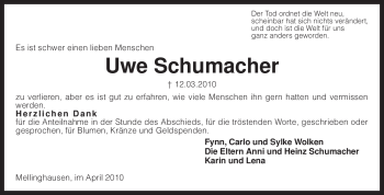 Traueranzeige von Uwe Schumacher von KREISZEITUNG SYKE