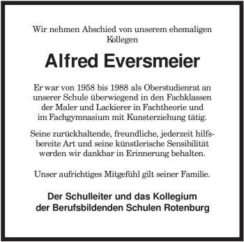 Traueranzeige von Alfred Eversmeier von KREISZEITUNG SYKE