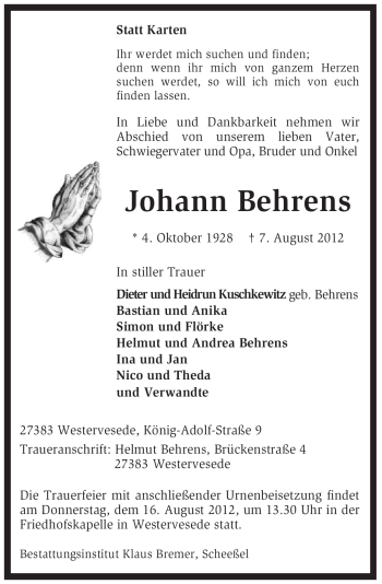 Traueranzeige von Johann Behrens von KREISZEITUNG SYKE