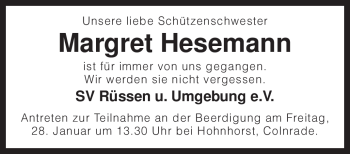 Traueranzeige von Margret Hesemann von KREISZEITUNG SYKE