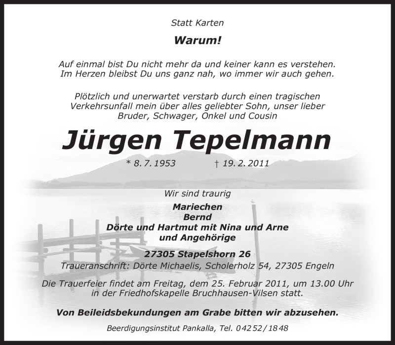  Traueranzeige für Jürgen Tepelmann vom 23.02.2011 aus KREISZEITUNG SYKE