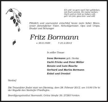 Traueranzeige von Fritz Bormann von KREISZEITUNG SYKE