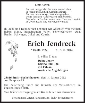 Traueranzeige von Erich Jendreck von KREISZEITUNG SYKE