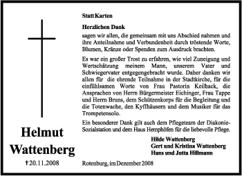 Traueranzeige von Helmut Wattenberg von KREISZEITUNG SYKE