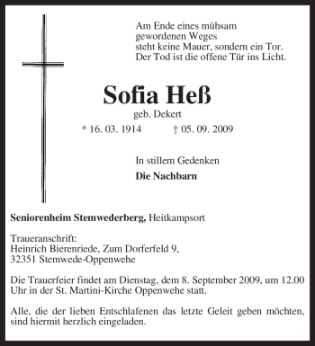 Traueranzeige von Sofia Heß von KREISZEITUNG SYKE