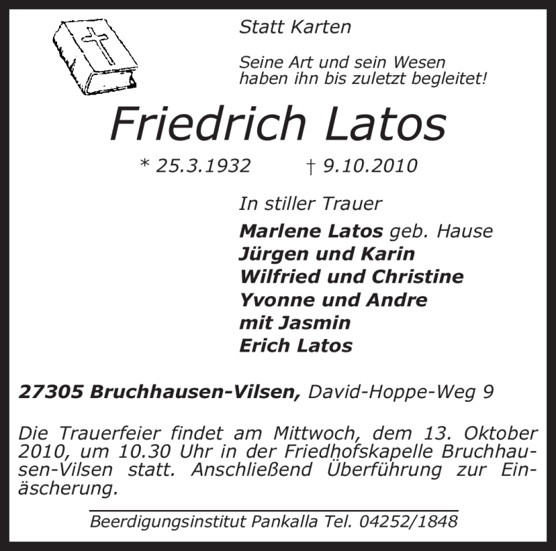  Traueranzeige für Friedrich Latos vom 11.10.2010 aus KREISZEITUNG SYKE