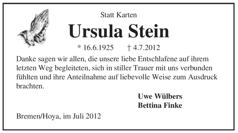  Traueranzeige für Ursula Stein vom 28.07.2012 aus KREISZEITUNG SYKE