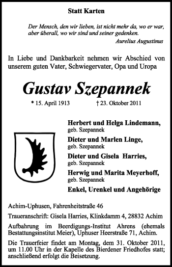 Traueranzeige von Gustav Szepannek von KREISZEITUNG SYKE