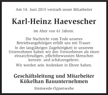 Traueranzeige von Karl-Heinz Haevescher von KRZ