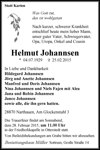 Traueranzeige von Helmut Johannsen von KRZ