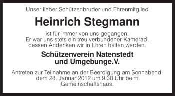 Traueranzeige von Heinrich Stegmann von KREISZEITUNG SYKE