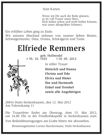 Traueranzeige von Elfriede Remmers von KREISZEITUNG SYKE