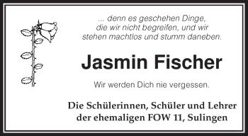 Traueranzeige von Jasmin Fischer von KREISZEITUNG SYKE