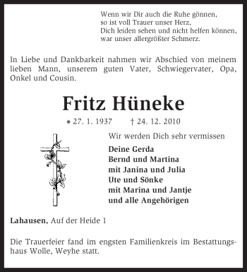 Traueranzeige von Fritz Hüneke von KREISZEITUNG SYKE