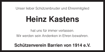 Traueranzeige von Heinz Kastens von KREISZEITUNG SYKE