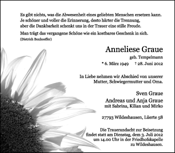 Traueranzeige von Anneliese Graue von KREISZEITUNG SYKE