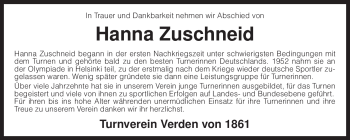 Traueranzeige von Hanna Zuschneid von KREISZEITUNG SYKE