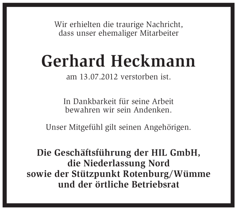  Traueranzeige für Gerhard Heckmann vom 17.07.2012 aus KREISZEITUNG SYKE