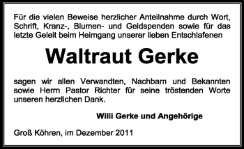 Traueranzeige von Waltraut Gerke von KREISZEITUNG SYKE