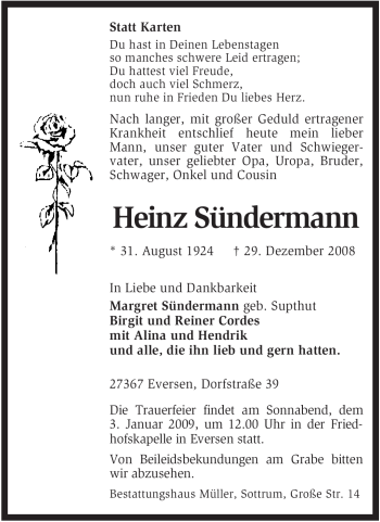 Traueranzeige von Heinz Sündermann von KREISZEITUNG SYKE