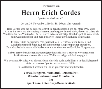 Traueranzeige von Erich Cordes von KREISZEITUNG SYKE