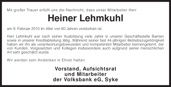 Traueranzeige von Heiner Lehmkuhl von KREISZEITUNG SYKE