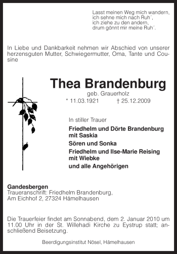 Traueranzeige von Thea Brandenburg von KREISZEITUNG SYKE