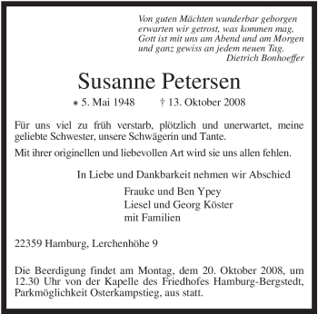 Traueranzeige von Susanne Petersen von KREISZEITUNG SYKE