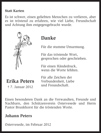 Traueranzeige von Erika Peters von KREISZEITUNG SYKE