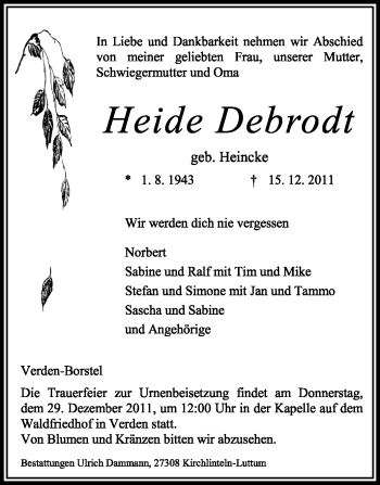 Traueranzeige von Heide Debrodt von KREISZEITUNG SYKE