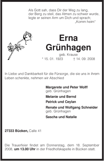 Traueranzeige von Erna Grünhagen von KREISZEITUNG SYKE