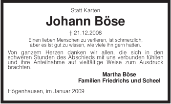 Traueranzeige von Johann Böse von KREISZEITUNG SYKE