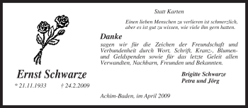 Traueranzeige von Ernst Schwarze von KREISZEITUNG SYKE