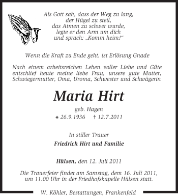 Traueranzeige von Maria Hirt von KREISZEITUNG SYKE