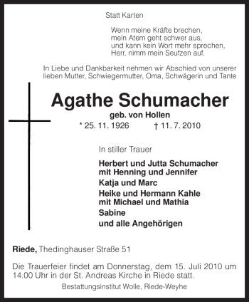 Traueranzeige von Agathe Schumacher von KREISZEITUNG SYKE