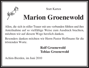 Traueranzeige von Marion Groenewold von KREISZEITUNG SYKE