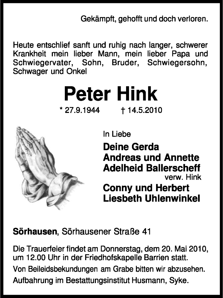  Traueranzeige für Peter Hink vom 17.05.2010 aus KREISZEITUNG SYKE