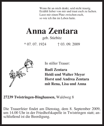 Traueranzeige von Anna Zentara von KREISZEITUNG SYKE