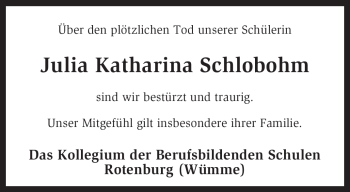 Traueranzeige von Julia Katharina Schlobohm von KREISZEITUNG SYKE