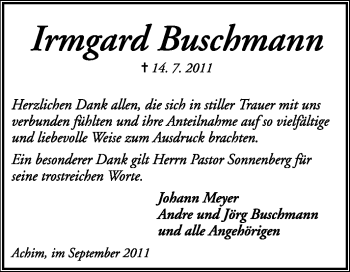 Traueranzeige von Irmgard Buschmann von KREISZEITUNG SYKE