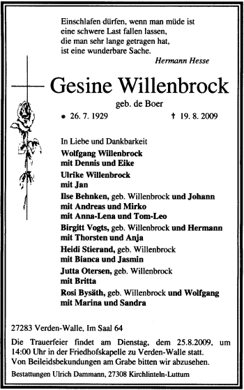 Traueranzeige von Gesine Willenbrock von KREISZEITUNG SYKE